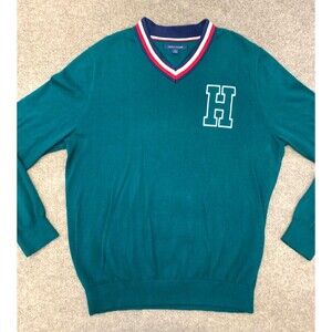 Tommy Hilfiger Sweater Mens L Varsity Letterman V-Neck Logo Preppy Y2K Pullover